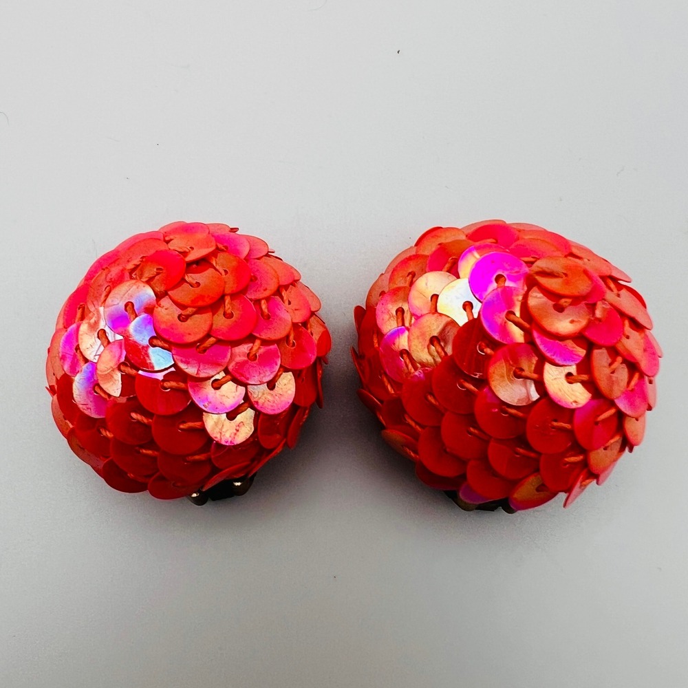 Vintage Pink Sequin Dome Clip On Earrings Statement Spherical Mid Century Retro